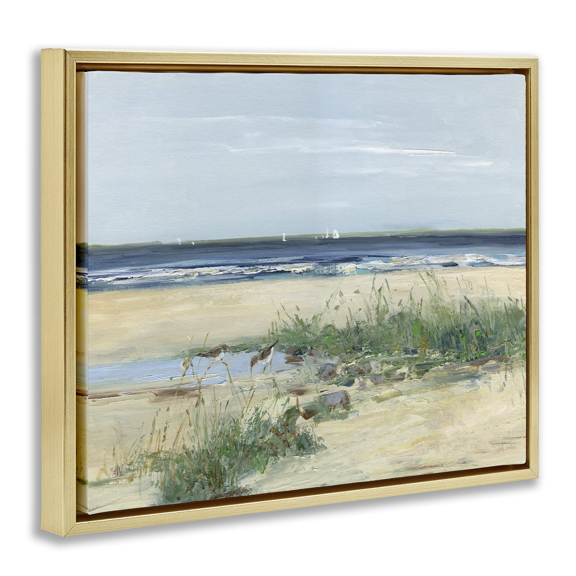 Stupell Industries Beach Marsh Sandpipers Gold Framed Floater Canvas Wall Art, design by Sally Swatland