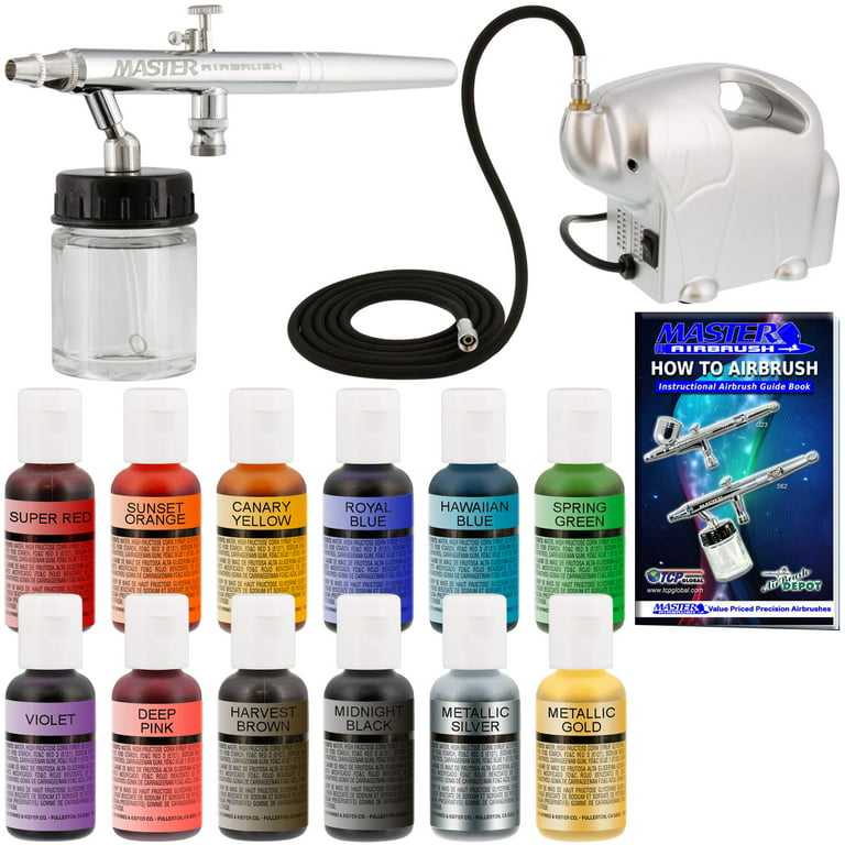 Dual-Action Airbrush Cake Decorating Airbrushing Kit with Set of 12 Food  Colors 