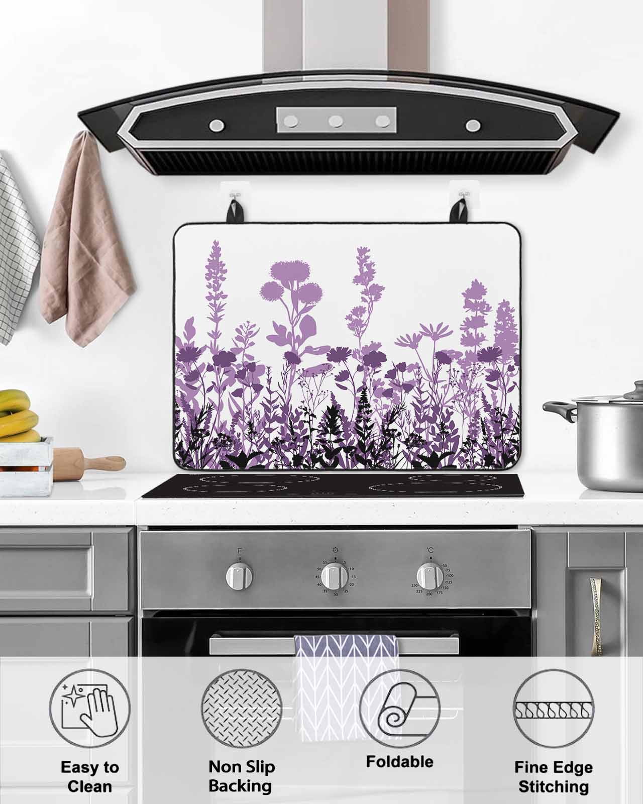 nqOlkjepod Large Induction Cooktop Protector Mat 24"x21", Purple Flowers Stove Top Covers for Electric Stove, Spring Farmhouse Botanical Floral Herbs Stove Burner Cover Mats, Glass Top Stove Cover
