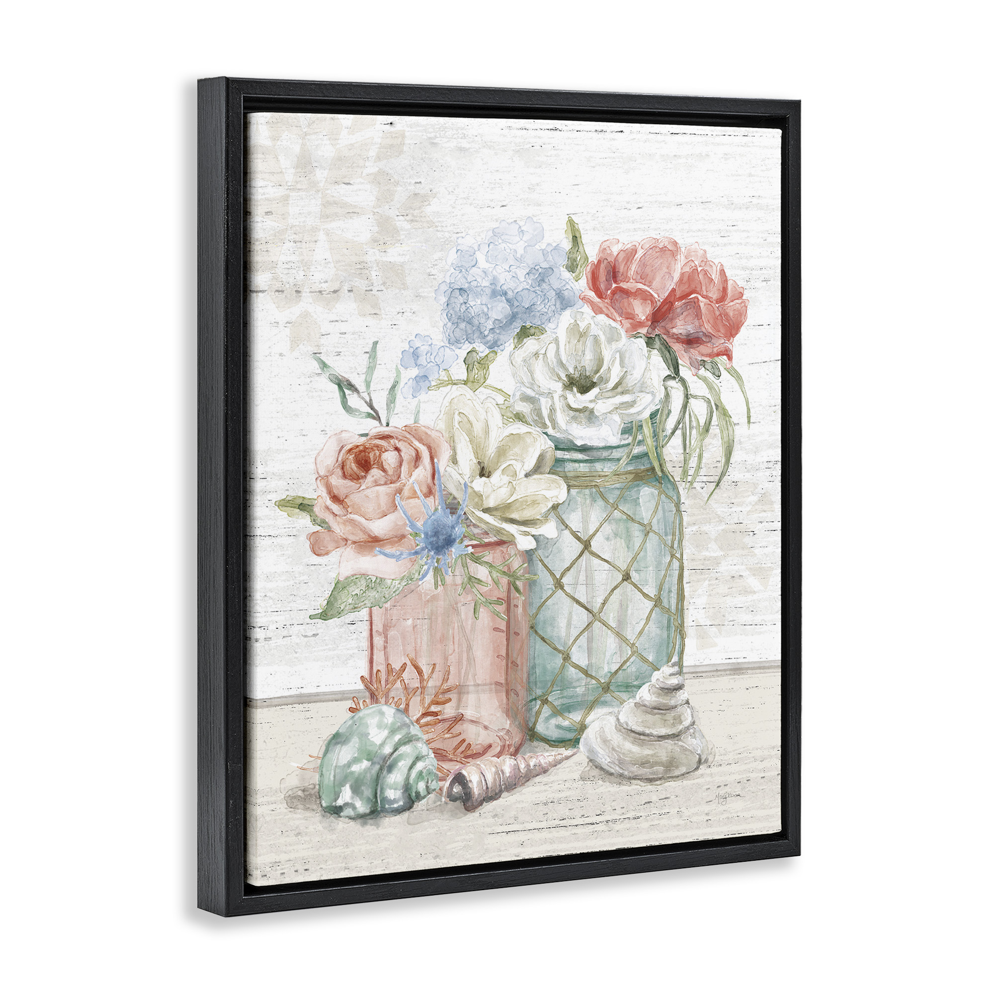 Stupell Industries Relaxed Nautical Jar Bouquets Nature Painting Black Floater Framed Canvas Art Print Wall Art, 17 x 21