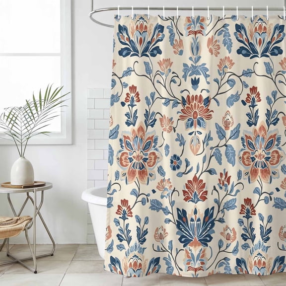 Bathroom Shower Curtain Boho Abstract Flower Botanical Waterproof Shower Curtains with Hooks, Retro Ombre Blue Floral Bath Curtains Bathtub Curtain Home Decor 36x72in