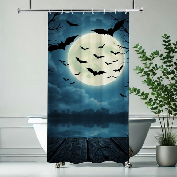 RKSupls Shower Curtain, Spooky Halloween Bats Moon Polyester Shower Curtain with Hooks for Chic Elegant Home Bathtub Bathroom Decor Washable Curtains