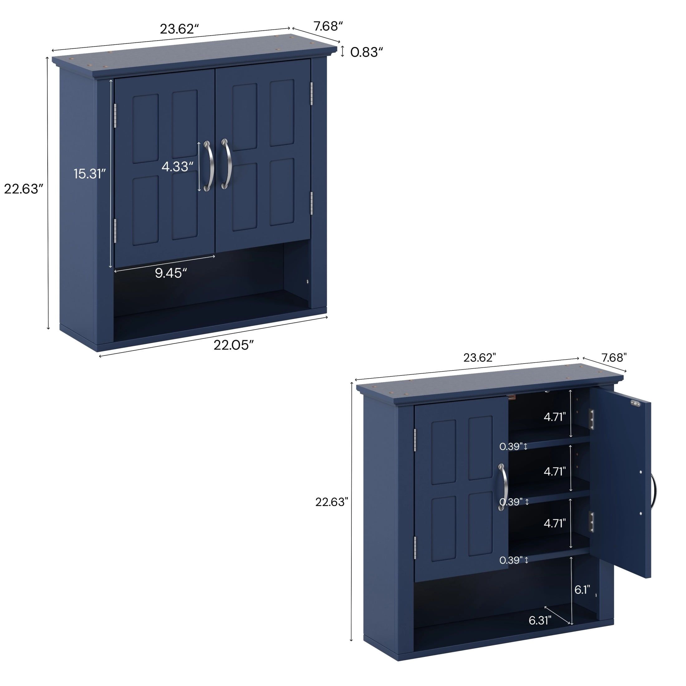 Christopher Knight Home 23.6" Wall Mounted Storage Cabinet with Adjustable Shelves and Doors, Navy Blue