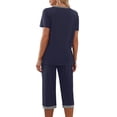 thumbnail image 7 of Women's Two Piece Pajama Sets, Lightweight Breathable Relaxed Cut, V-Neck Short Sleeve Top Matches Capri Length Pants, Comfortable Pajama Party Lounge | TruHer,Dark Blue M, 7 of 7
