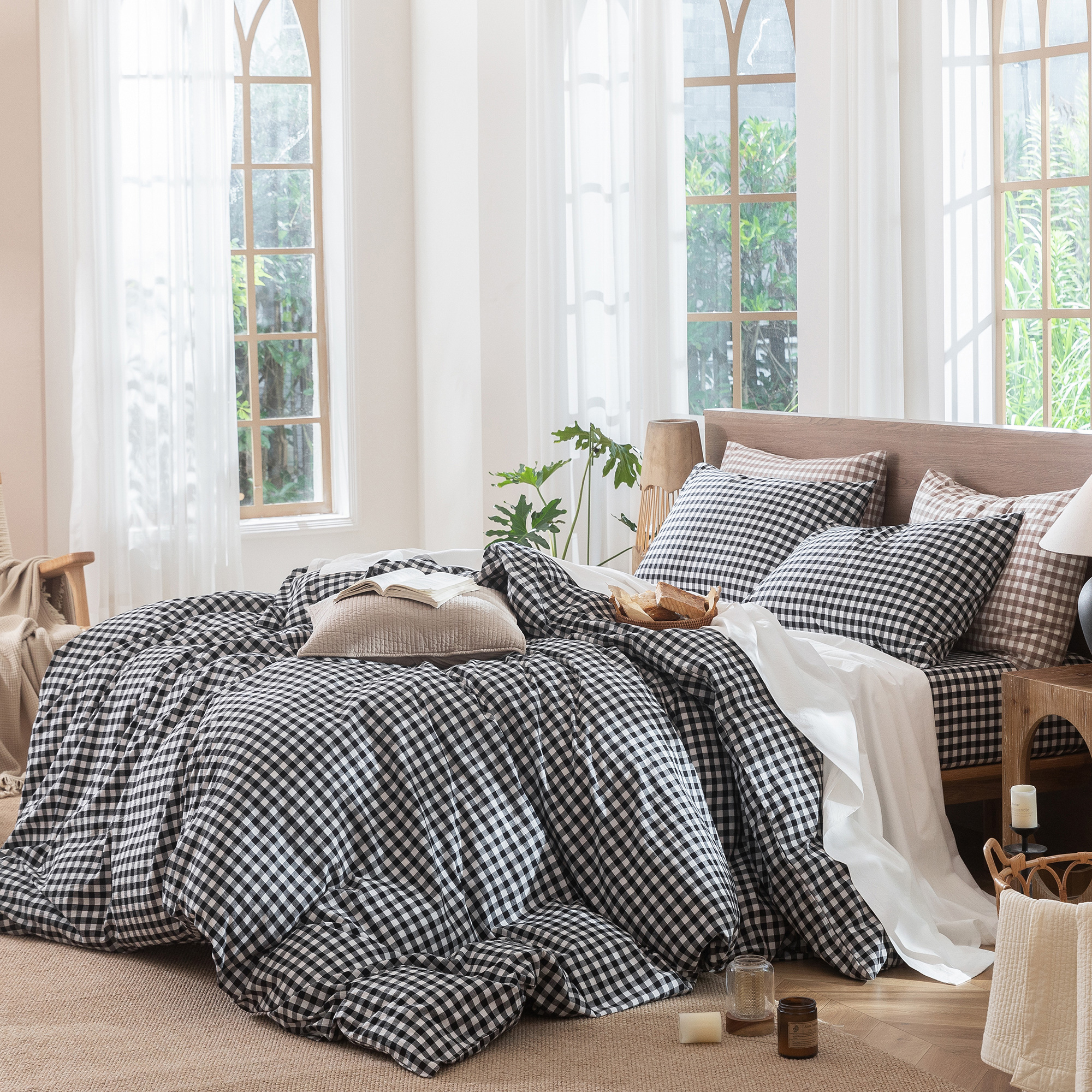 MooMee Gingham Duvet Cover Set King 100% Washed Cotton Linen Like Textured Breathable Lightweight 3-Piece (Black& White, 104"x90")