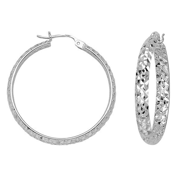 10k White Gold Sparkle-Cut Hoop Earrings Measures 3x40mm - 2.2 Grams