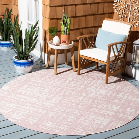SAFAVIEH Courtyard Charlie Abstract Indoor/Outdoor Area Rug, Pink/Ivory, 6'7" x 6'7" Round