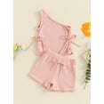 thumbnail image 5 of Douhoow Toddler Girls Summer Outfits Solid Color Oblique Shoulder Drawstring Ribbed Tank Tops Shorts Kid 2Pcs Set, 5 of 9