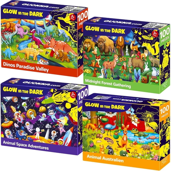 QUOKKA 4x100 Piece Puzzles for Kids Ages 6-8 – Glow-in-The-Dark Puzzles Space, Dinosaurs, Animals – Fun Educational Puzzle for Boys & Girls