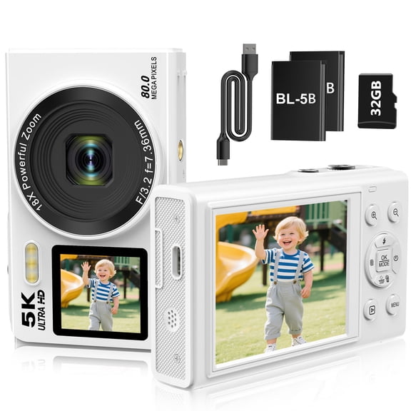 XLURC Digital Camera for Photography 5K 80MP Vlogging Camera for YouTube Dual Screen Cameras for Travel, Beginners Compact Camera with 32GB Card and 2 Batteries