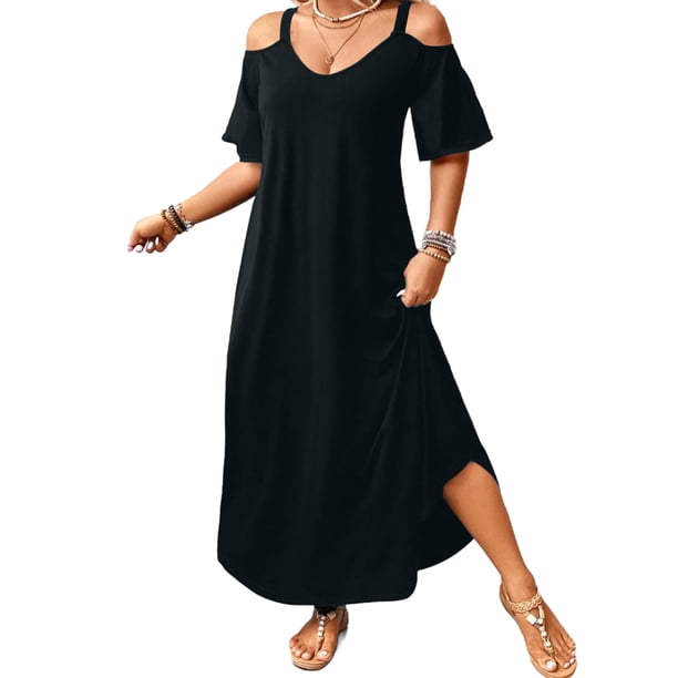 Vestido Maxi de Manga Corta para las Mujeres Hombro Frío Bolsillos de Hendidura Lateral Cuello en V Verano Casual, Vestido Maxi de Color Sólido para las Mujeres