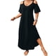 thumbnail image 1 of Vestido Maxi de Manga Corta para las Mujeres Hombro Frío Bolsillos de Hendidura Lateral Cuello en V Verano Casual, Vestido Maxi de Color Sólido para las Mujeres, 1 of 5