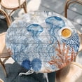 thumbnail image 4 of Blue Coastal Jellyfish Round Tablecloth 45-54 Inch Round Fitted Table Cloth with Elastic Edge, Nautical Starfish Coral Wooden Grain Waterproof Table Cover Protector for Outdoor Picnic Party Dining, 4 of 9