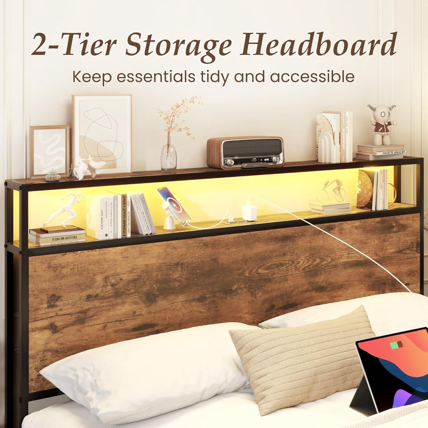 DRNANLIT Queen Bed Frame with 2-Tier Storage Headboard, Metal Bed Frame with 2 Drawers & Built-in Charging Station & LED, Noise-Free, No Box Spring Needed, Easy Assembly,Brown