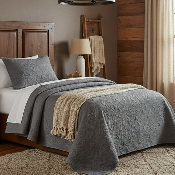 DaDa Bedding Floral Vintage Stone Wash Grey Matelassé Ash Silver Diamond Pattern Quilted Bedspread Set (JHW855)