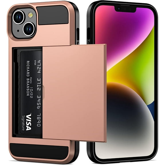 for iPhone 14 Case Wallet Credit Card Holder ID Slot Sliding Door Hidden Pocket Men Women Anti-Scratch Dual Layer Hybrid Bumper Armor Protective Shell Back Cover for iPhone 14 6.1" Rose Gold