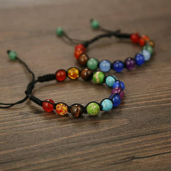K-KED 2x 7 Chakras Beaded Stone Braided Woven String Knot Chain Wrist Band Bangle Cuff