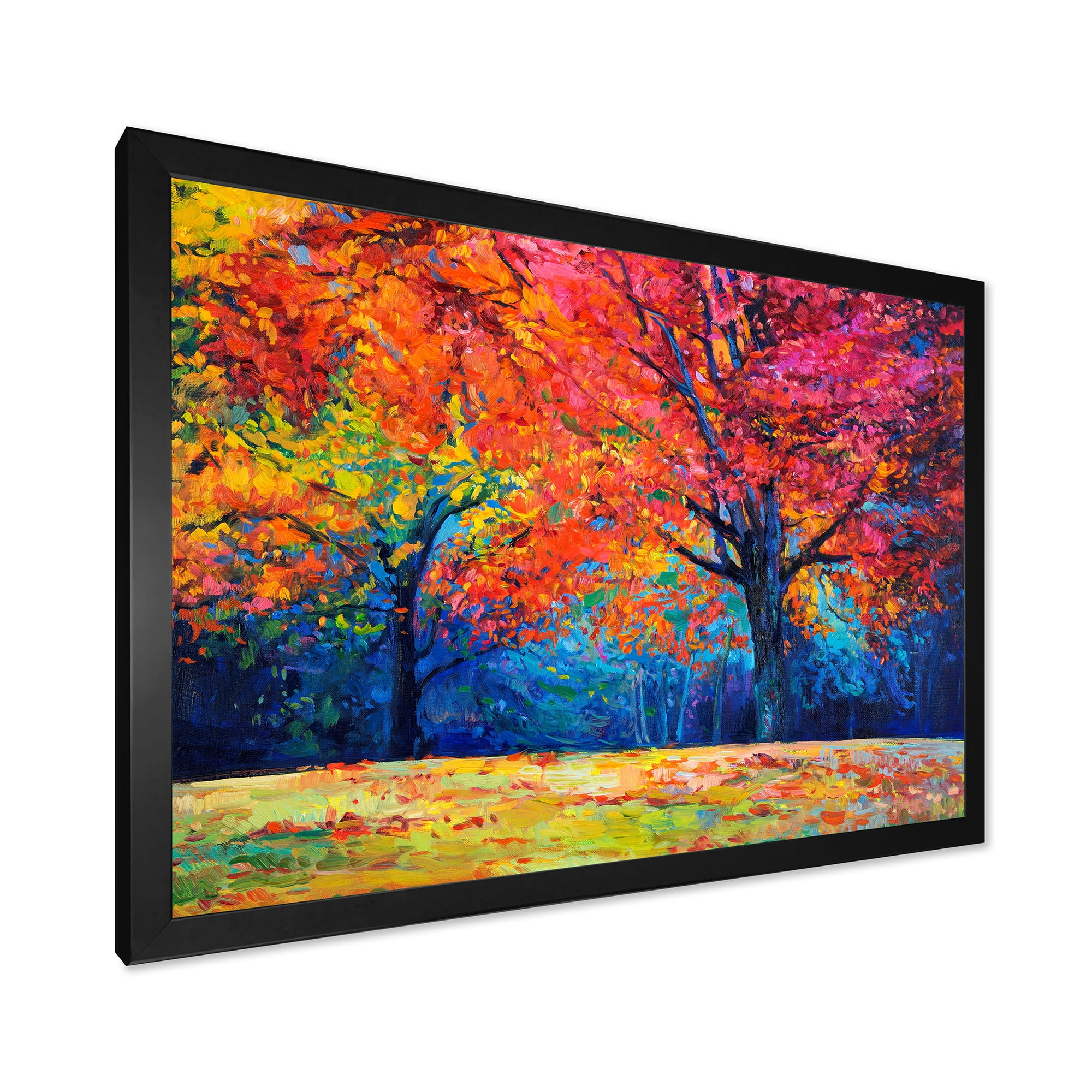 Designart 'Abstract Vibrant Red Tree In Autumn Landscape' Traditional Framed Art Print
