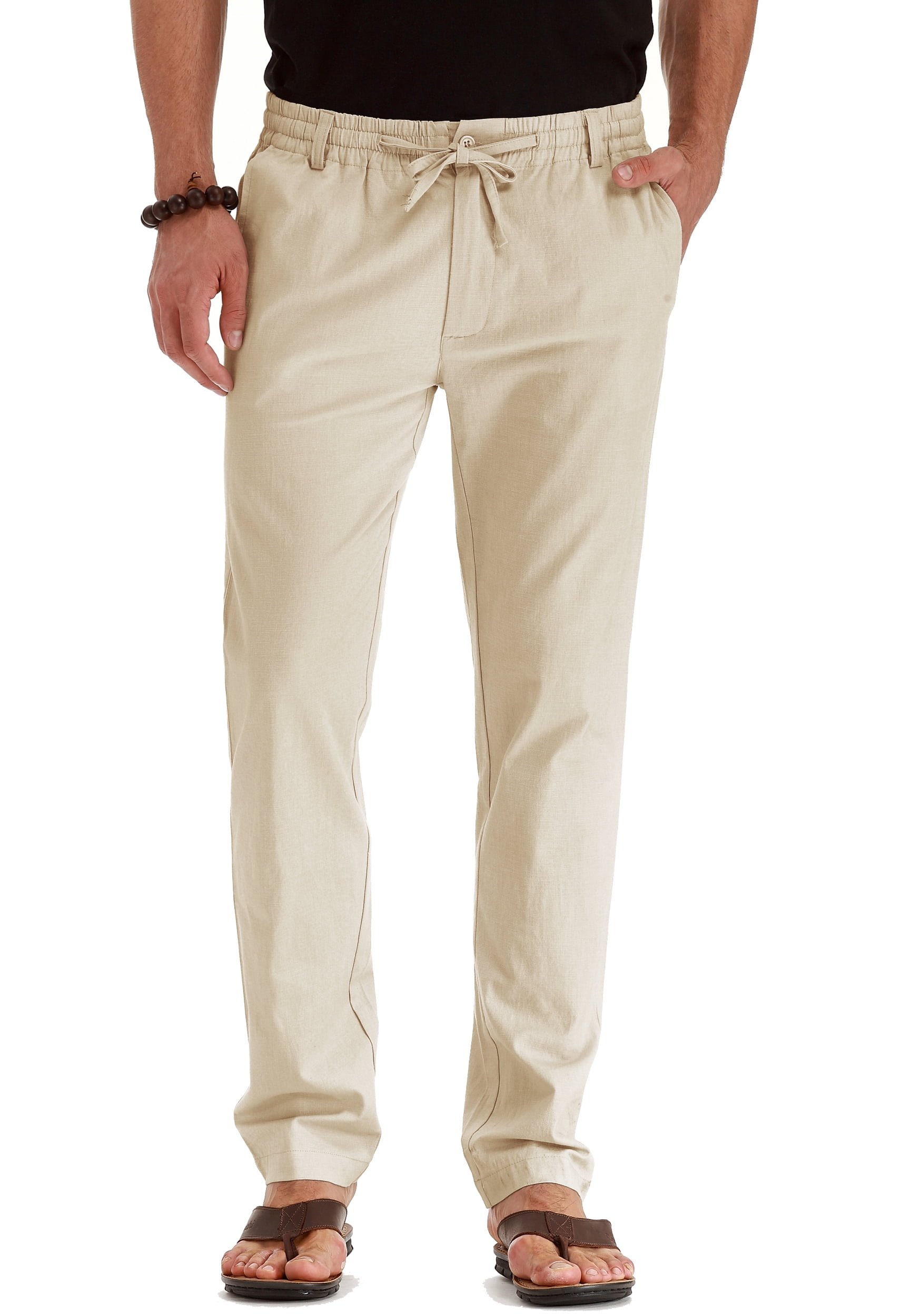 JWD Men's Drawstring Linen Pants Casual Summer Beach Loose Trousers Beige-US 40