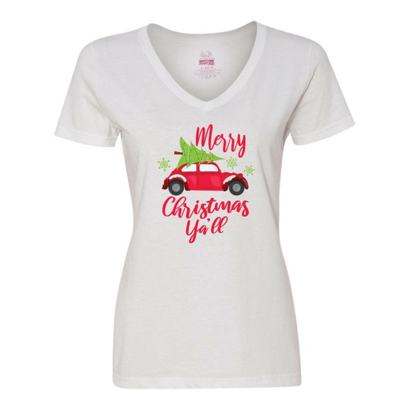 Inktastic Merry Christmas Ya'll with Red Car and Tree Women's V-Neck T-Shirt