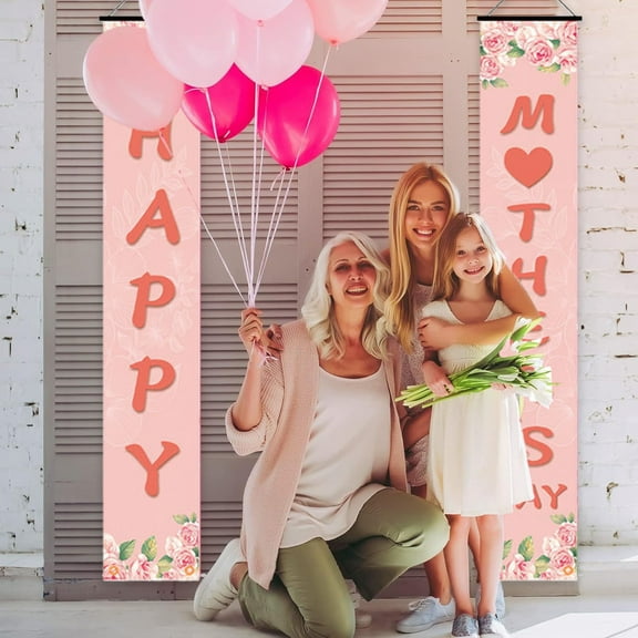 Mothers Day Banner 2 Pack Happy Mothers Day Decorations Door Sign Hanging Banners Flowers Tulip Love Welcome Porch Sign Seasonal Holiday Party Supplies for Indoor Outdoor Door, Porch Decor