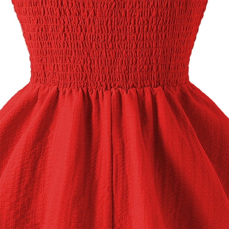 HCNTES Girls Flowy Ruffled Hem/Puff Bubble Dress Ruched Teen Summer  Adjustable Spaghetti Strap Casual Mini Dresses 8-9 Years Red - Walmart.com