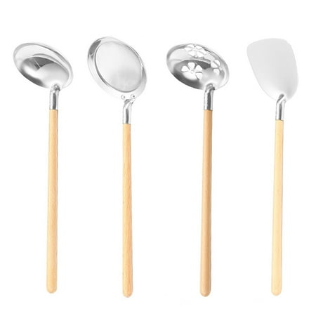 

VeliToy Stainless Steel Cooking Utensils for Modern Cooking and Serving Ladle Skimmer Spatula with Wood Handle Kitchen Use(Silver Wok Shovel 1pcs Spoon 1pcs Leaky Spoon 1pcs)