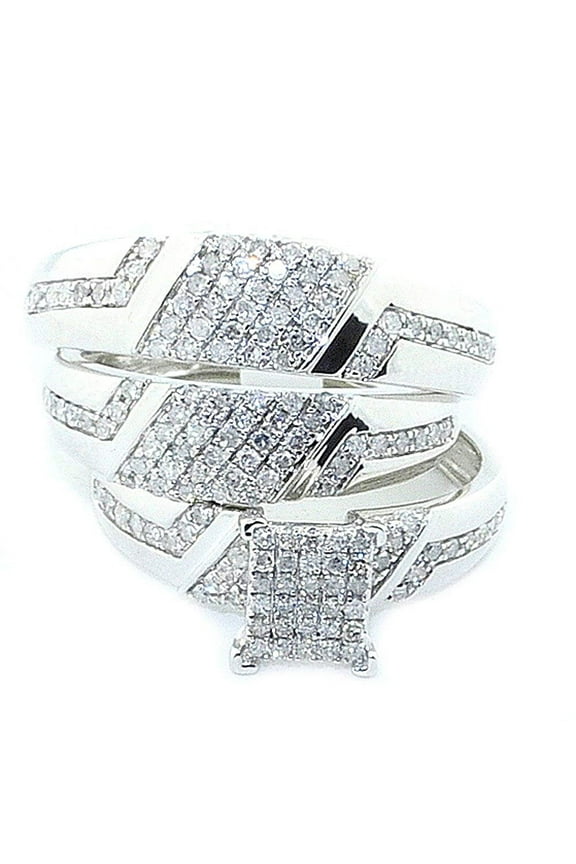 His and Her Trio Rings Set 10k White Gold 3/4cttw Diamonds Mens Womens Rings