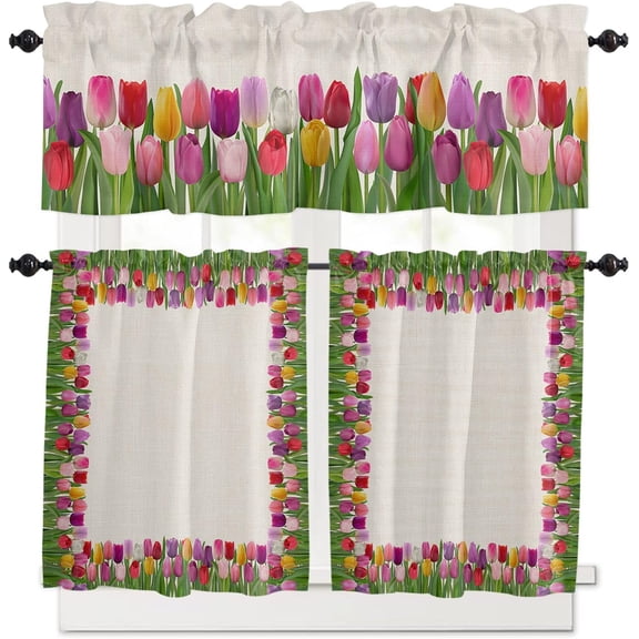 3 Pieces Kitchen Curtains Valances Set Spring Floral Watercolor Short Curtain Rod Pocket Window Curtain Mothers Day Tulip Window Treatment Tiers Valances (Single Panel 54"x18",2 Tiers 27.5"x36")