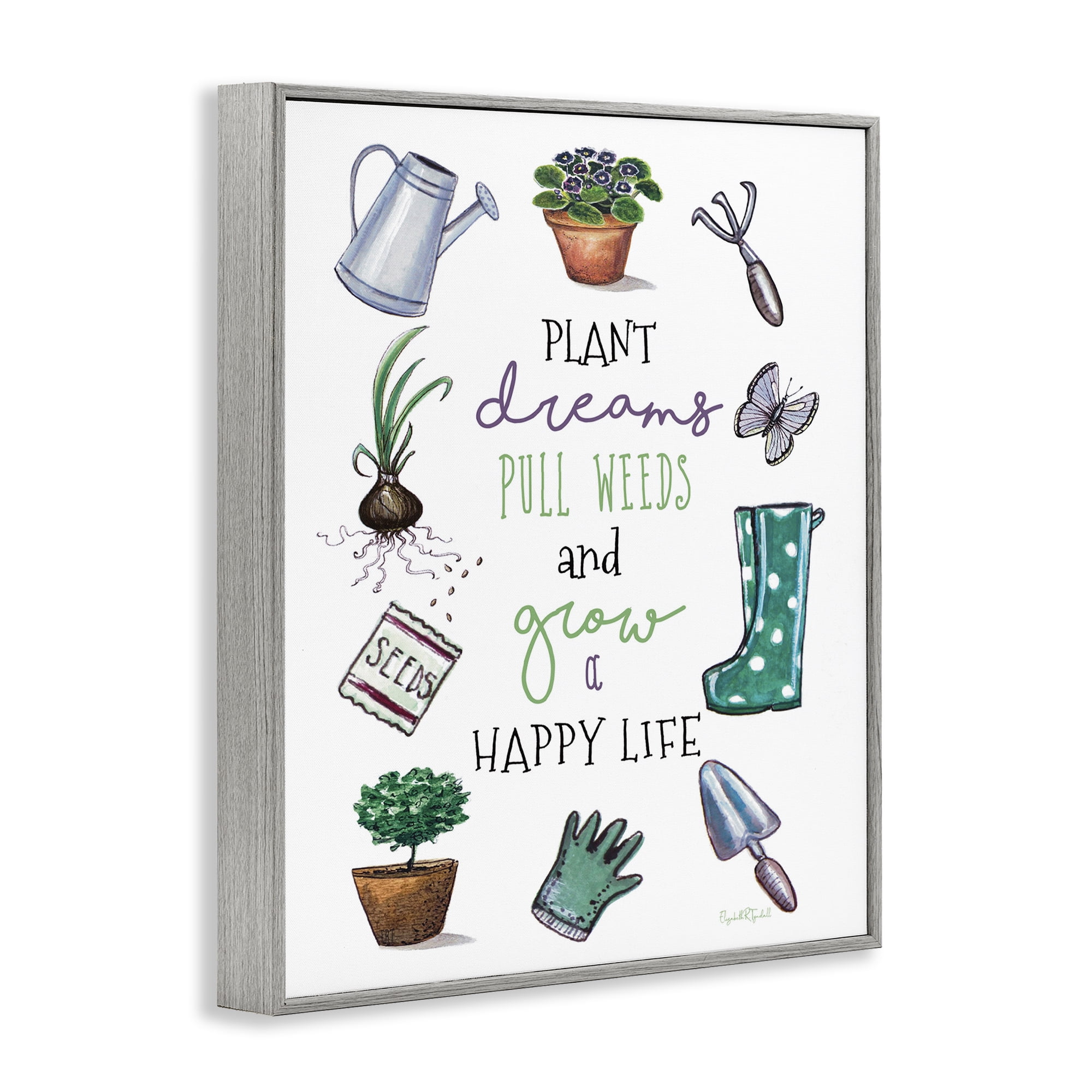 Stupell Industries Grow a Happy Life Botanical & Floral Painting Gray Framed Art Print Wall Art, 24 x 30
