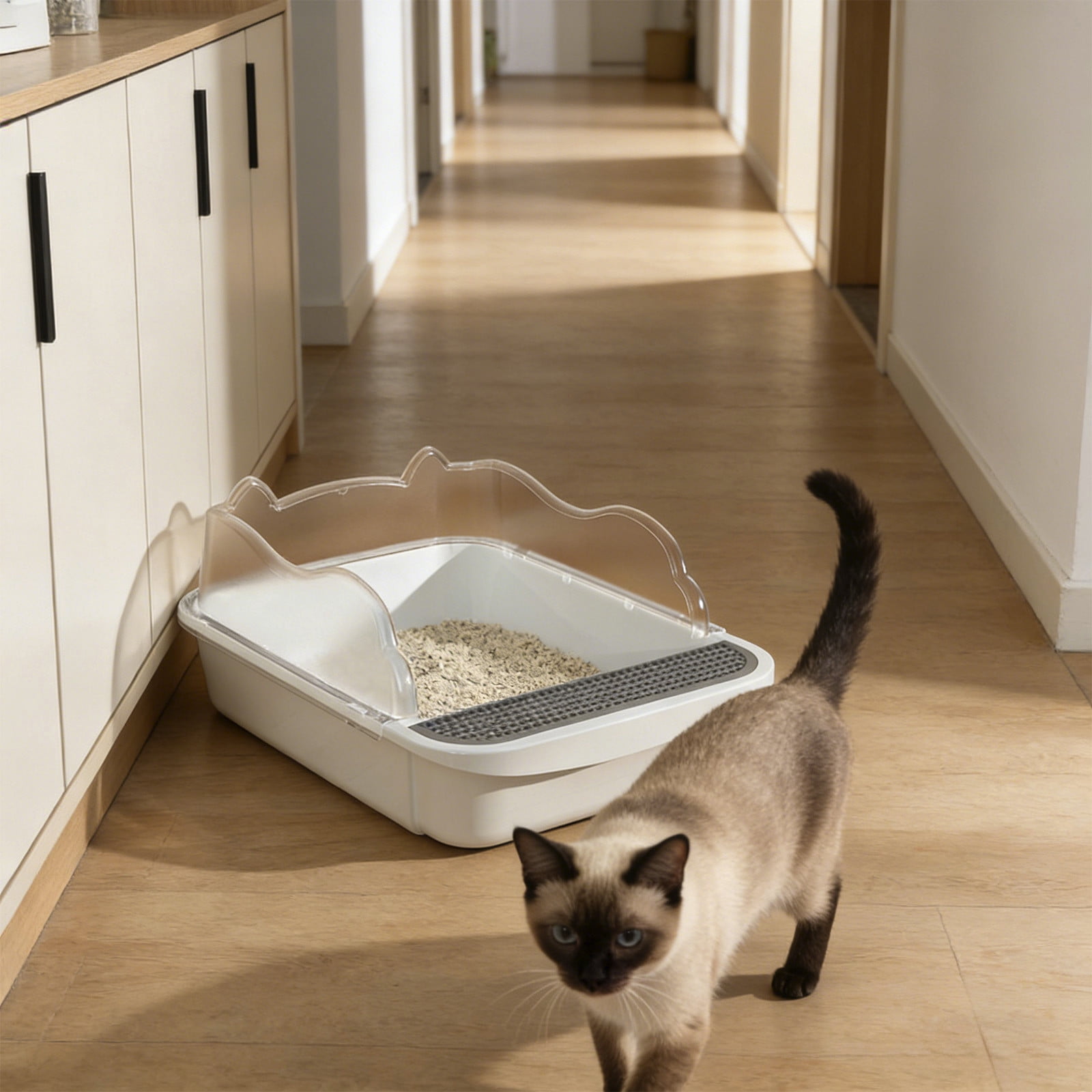 Semi Enclosed High Side Cat Litter Box with Splash Guard, Includes Litter Scoop and Hook, Large Plastic Tray for Indoor Cats, Leak Proof Design Easy to Clean