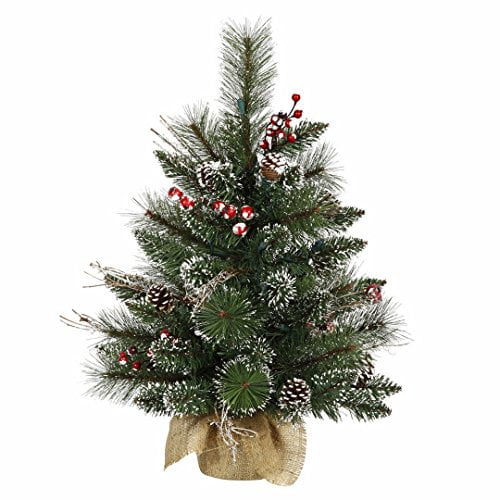 Vickerman B166224 Snow Tipped Pine & Berry Tree with Berries, Vines, Real Pine Cones & 52 PVC Tips In Burlap Base, 2' x 16", Unlit