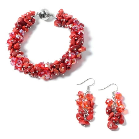 Coral Necklace Bracelet Earring - Coral Red Beads Stainless Steel Earrings Bracelet with Magnetic Clasp Jewelry Set for Women 8