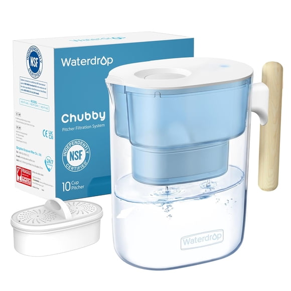 200-Gallon Long-Life Chubby 10-Cup Water Filter Pitcher with 1 Filter, NSF Certified, 5X Times Lifetime, Reduces Fluoride, Chlorine and More, BPA Free, Blue, by Waterdrop