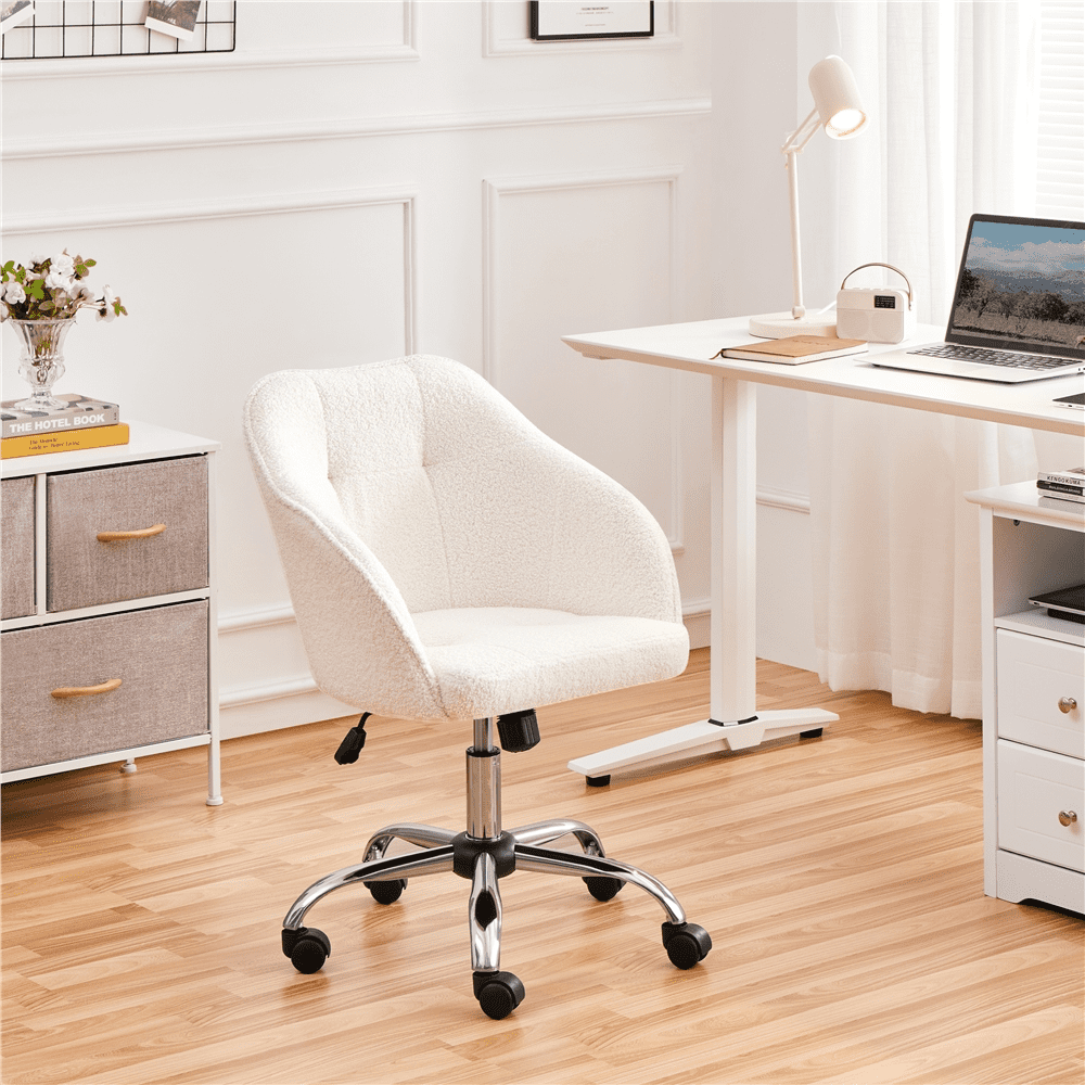 Alden Design Adjustable Swivel Velvet Desk Chair for Home Office, Ivory