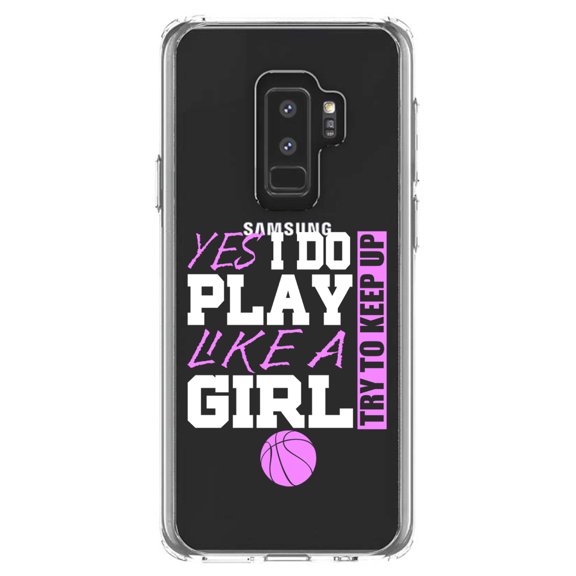 DistinctInk Clear Shockproof Hybrid Case for Samsung Galaxy S9  PLUS (6.2" Screen) - TPU Bumper Acrylic Back Tempered Glass Screen Protector - Volleyball Yes I Do Play Like a Girl