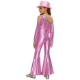 thumbnail image 2 of inlzdz Kids Girls 70s Hippie Dance Outfits One Shoulder Metallic Sequin Tassel Bell Bottom Jumpsuit and Hat Pink 8, 2 of 6