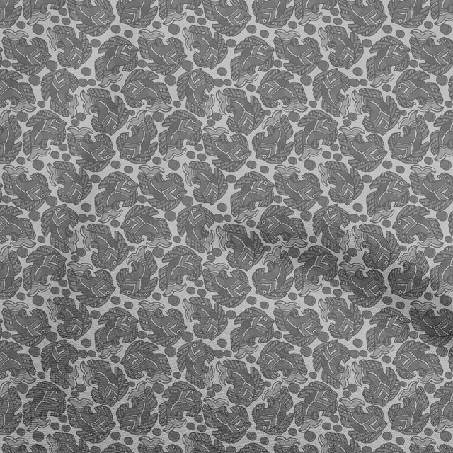 oneOone Cotton Silk Gray Fabric Kalamkari Fish Sewing Material Print Fabric By The Yard 42 Inch Wide