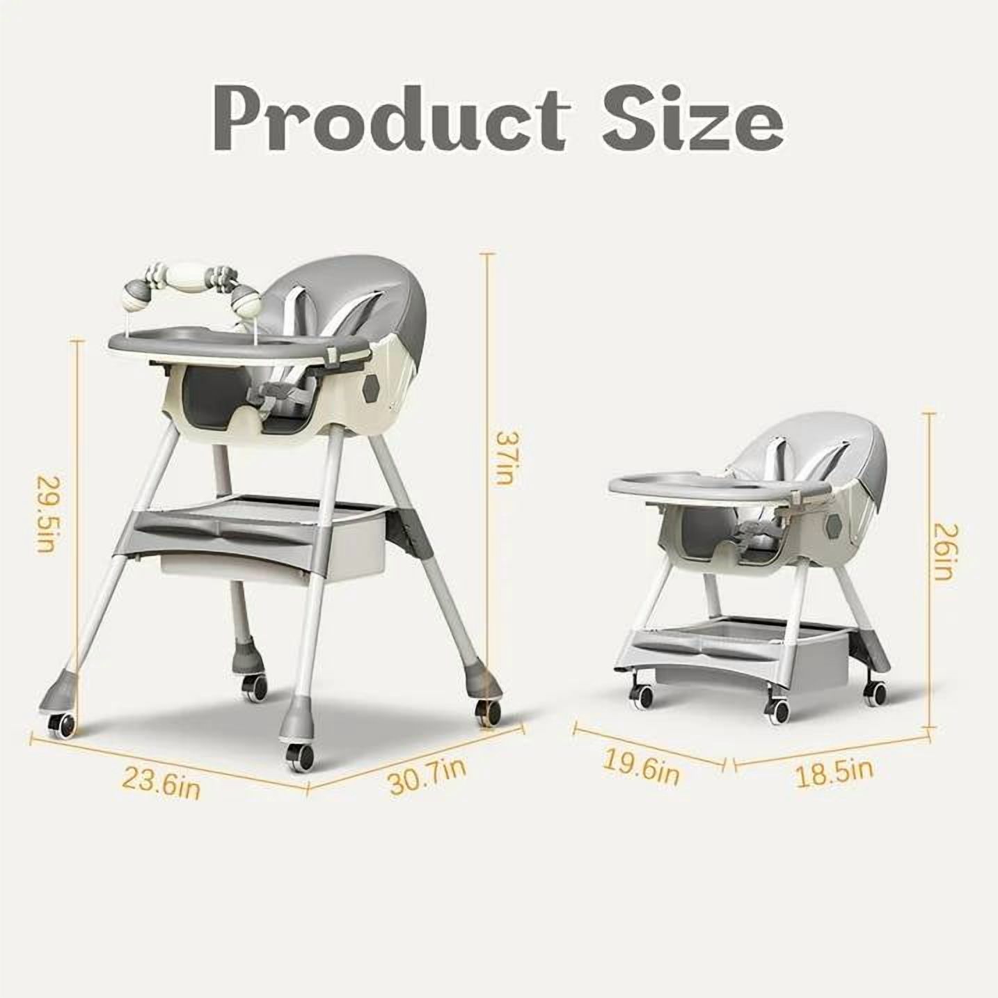 JieC Baby High Chair, 4 in 1 Convertible Highchair for Babies & Toddlers, Double Tray Dining Chair with 5-Point Harness & Silent Wheel,Gray
