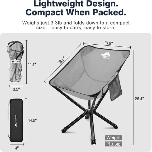 Lightweight Folding Camping Chair — 3.3 lb Compact Portable Design, One-Piece No Assembly Structure, Aluminum Frame, Easy Carry Chair for Travel, Hiking, Camping & Beach
