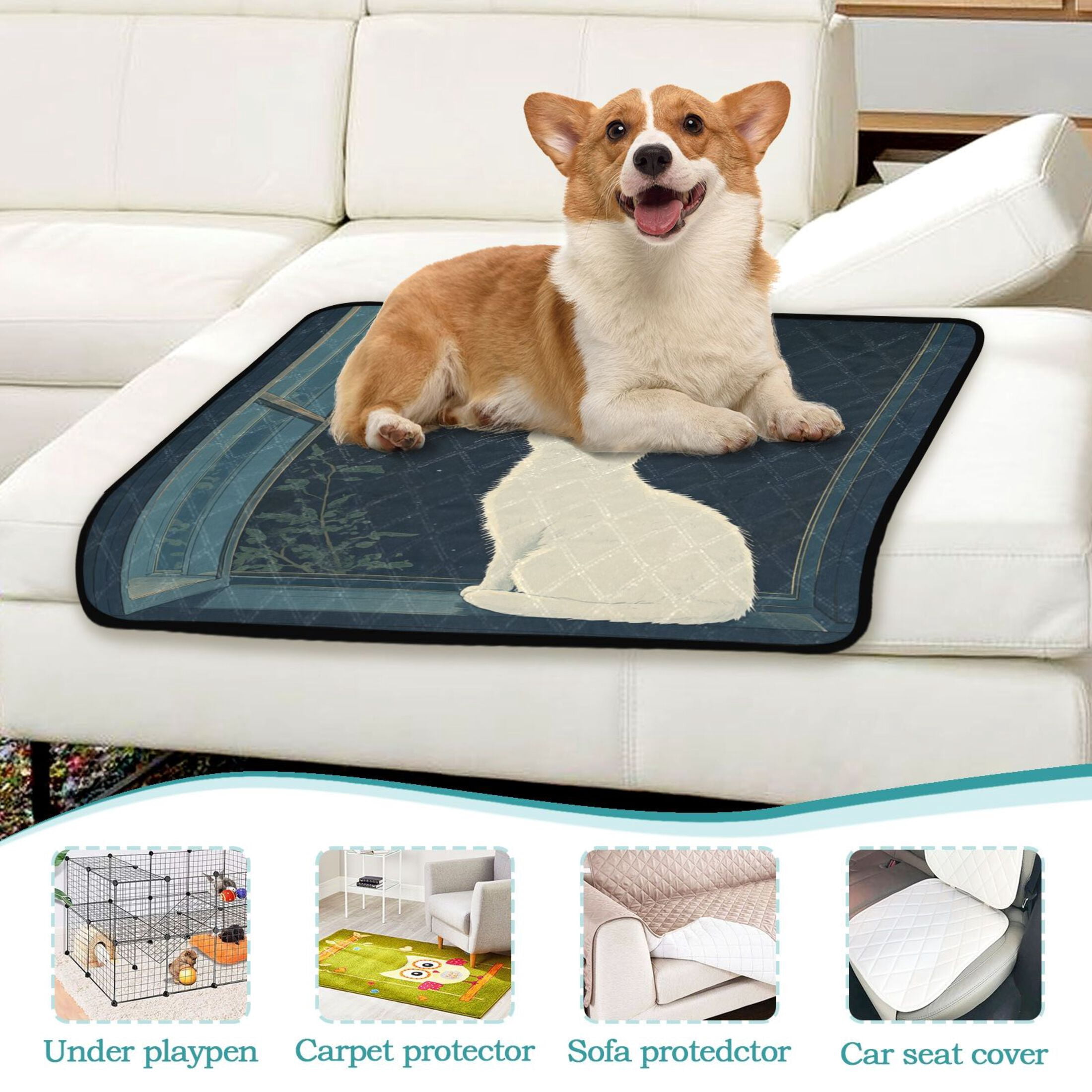 Qxltty White Cat Enjoying The Moon Cat litter Pads Pet Set of 2 Diaper Mats Center Anti-leakage Layer Absorbent Soft and Comfortable