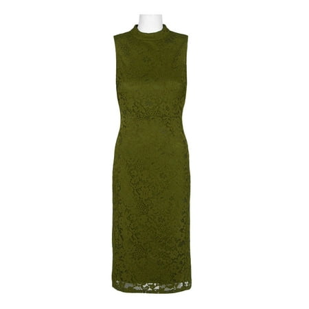 Nine West High Neck Sleeveless Zipper Back Slit Back Floral Lace Dress-TEA GREEN / 14