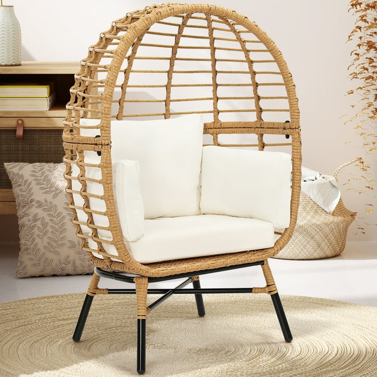 Skandiquip Rattan Children Egg Chair Outdoor Patio Chair with Overstuffed Cushions Indoor Large Wicker Egg Chair Natural Rattan Beige Cushion
