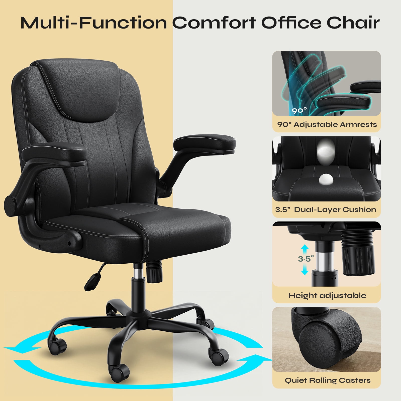 Pinmoco Ergonomic PU Leather Office Chair, High Back Executive Computer Desk Chair with Double-Layer Cushion, Swivel Gaming Chair with Wheels and Flip-Up Armrests, Black