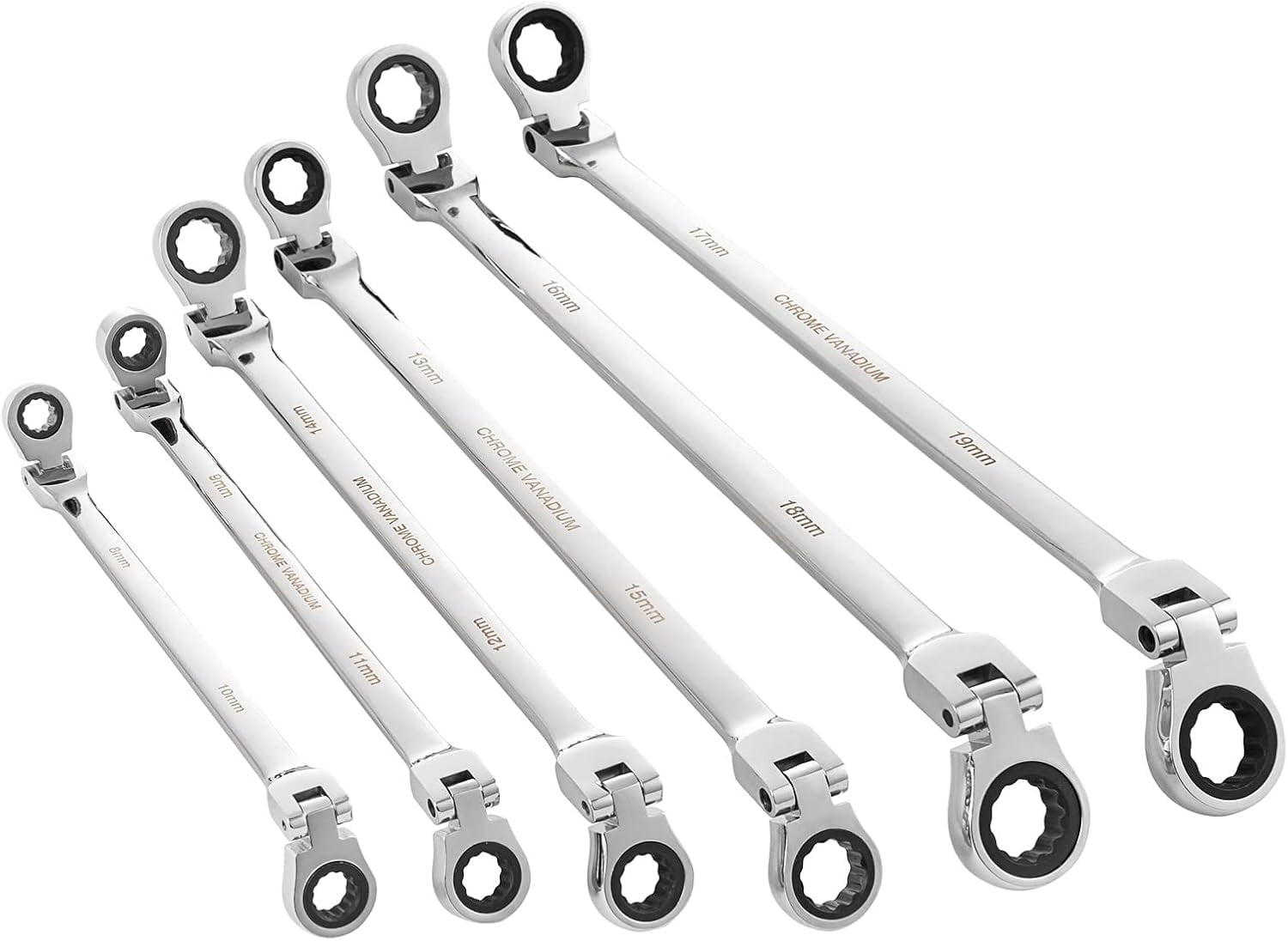 SHZOND 6Pcs Extra Long Flex Head Ratcheting Wrench Set Metric 8-19mm Double Box End Wrench Set Laser Etched Steel Wrenches