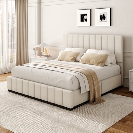 Queen Bed Frame with Headboard Dutch Velvet Upholstered Low Profile Platform Bed & Vertical Channel Tufted, Heavy Duty Mattress Foundation, No Box Spring Needed, Easy Assembly, Noise-Free, Beige