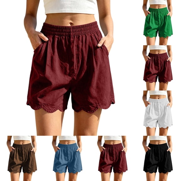 Xaqiouau Womens Solid Linen Blend Shorts Elastic Waist Scalloped Hem Side Pockets Casual Summer Loose Fit Shorts for Daily Wear Vacation Beach