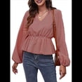 thumbnail image 1 of Blusa de Larga para Mujer, Estilo Babydoll, Ligera, de Poliéster, con Cuello en V y Mangas Abullonadas Rojo XL, 1 of 10