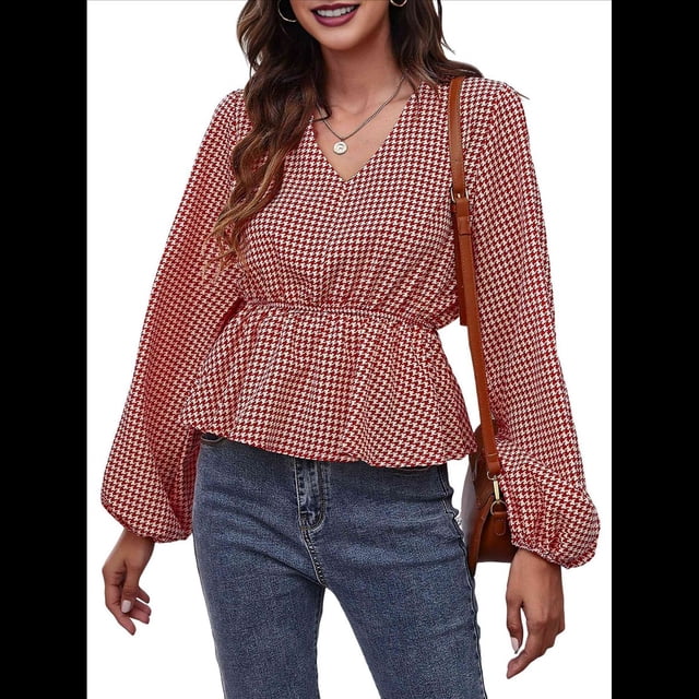 Blusa de Larga para Mujer, Estilo Babydoll, Ligera, de Poliéster, con Cuello en V y Mangas Abullonadas Rojo XL