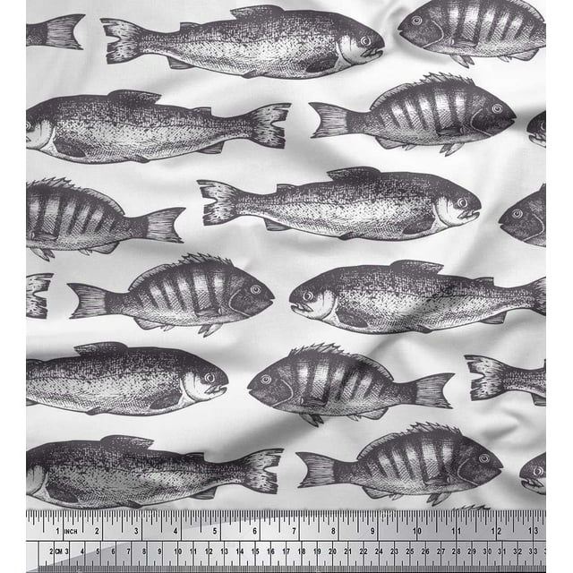 Soimoi White Georgette Viscose Fabric Fish Ocean Print Sewing Fabric Yard 42 Inch Wide
